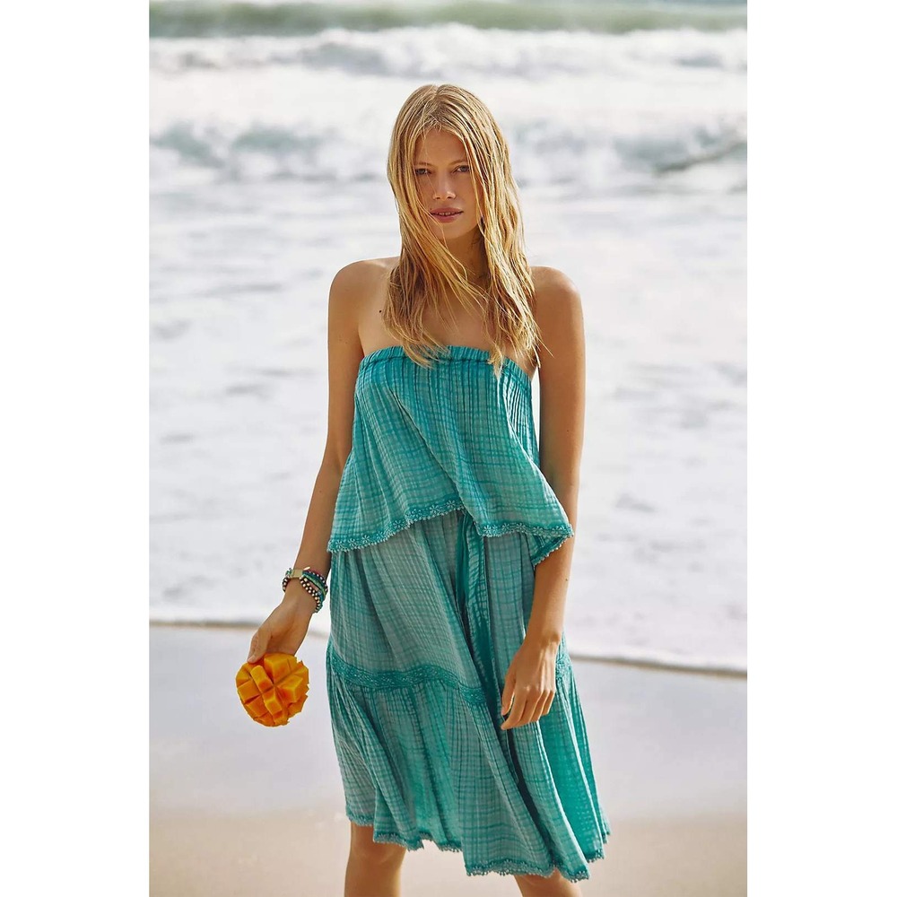 Daily Practice Anthro Malibu Mini Dress Sz M Teal Gauze Cotton Tiered Sleeveless